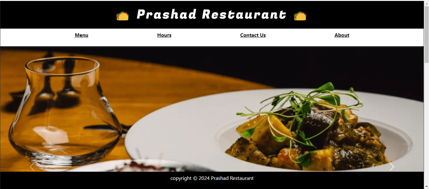 Project screenshot of Prashad Restaurant Website